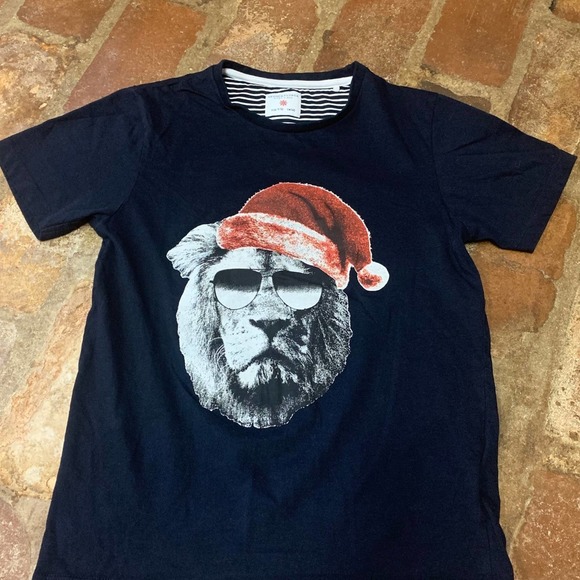 Boys Denim & Flower Ricky Singh Santa Hat Lion T-Shirt Black and Red SIZE 9/10 - Picture 1 of 4